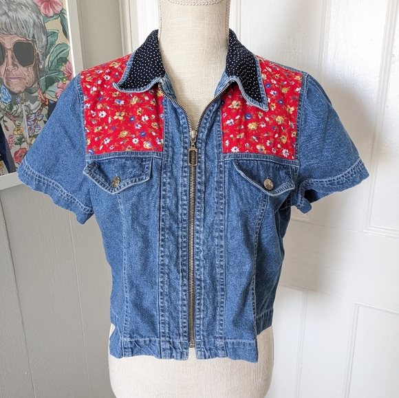 Vintage 90s Denim Western Shirt Jacket Red Floral Patchwork Zip Front Women's PM - Picture 1 of 6